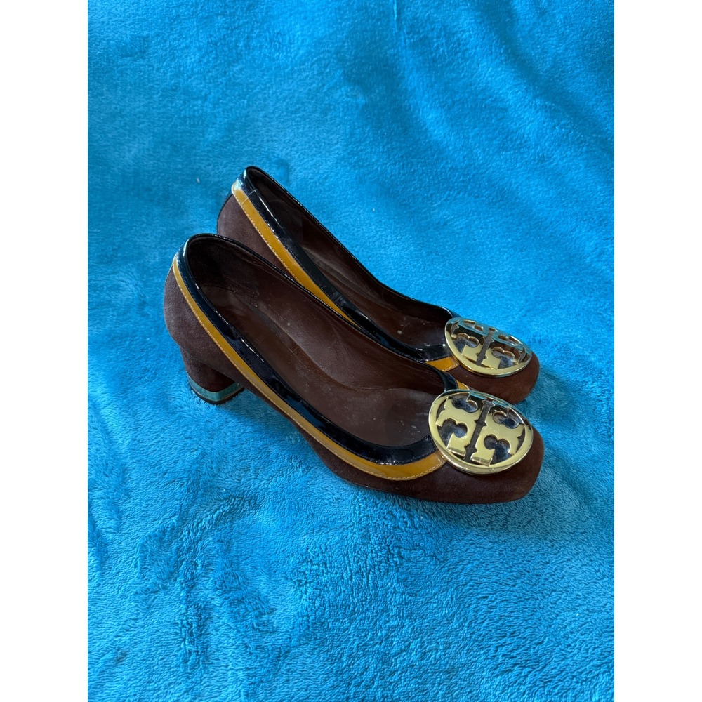 Tory Burch Brown Suede Patent Leather Block‎ Heel Logo Pumps Size 6M Tri-Color